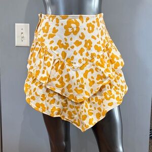 EUC MOTHER Mini Cream Denim Ruffle Skirt with Mustard Yellow Leopard Print